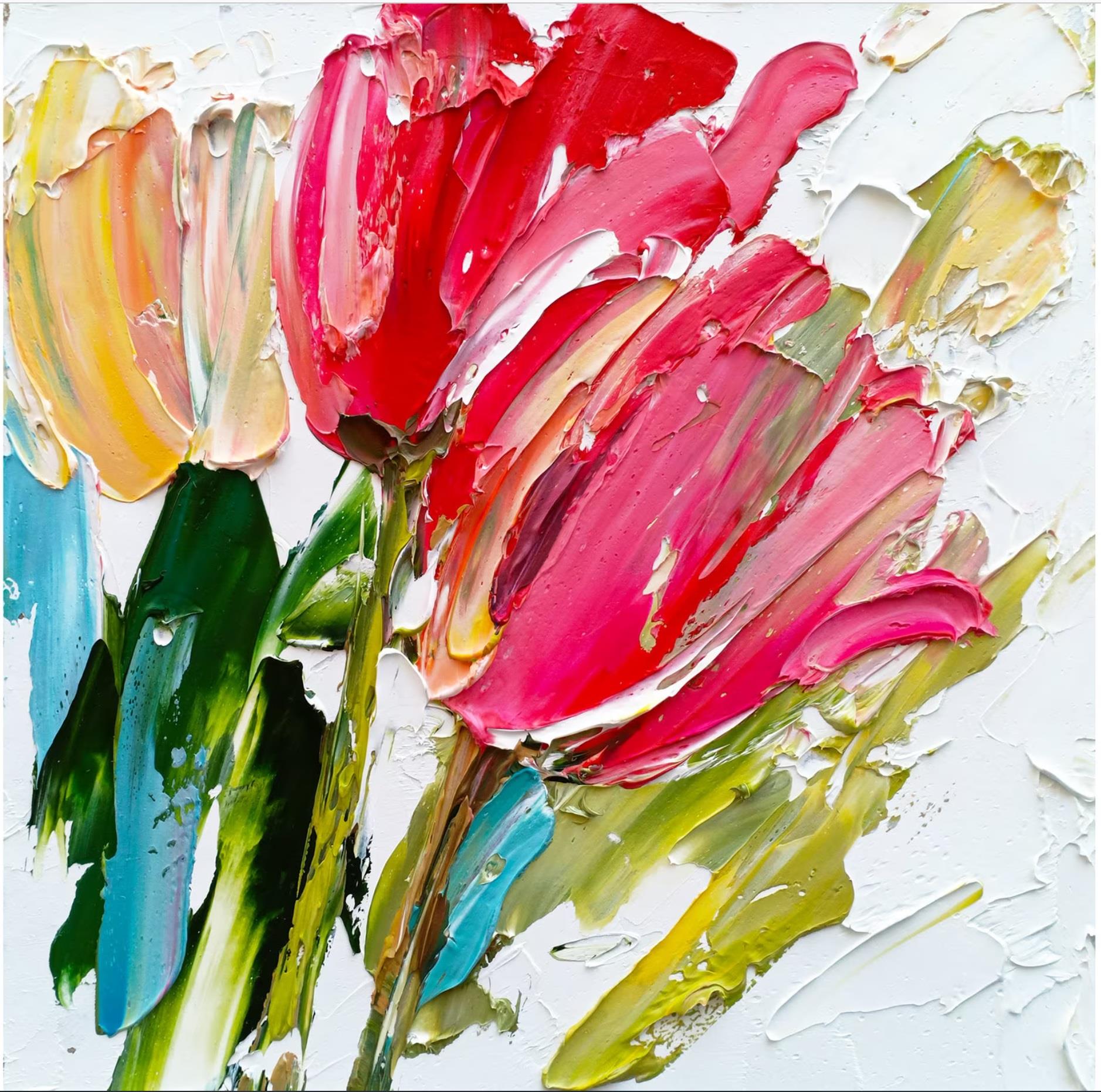 パレットナイフによるチューリップの花のウォールアートミニマリズム油絵